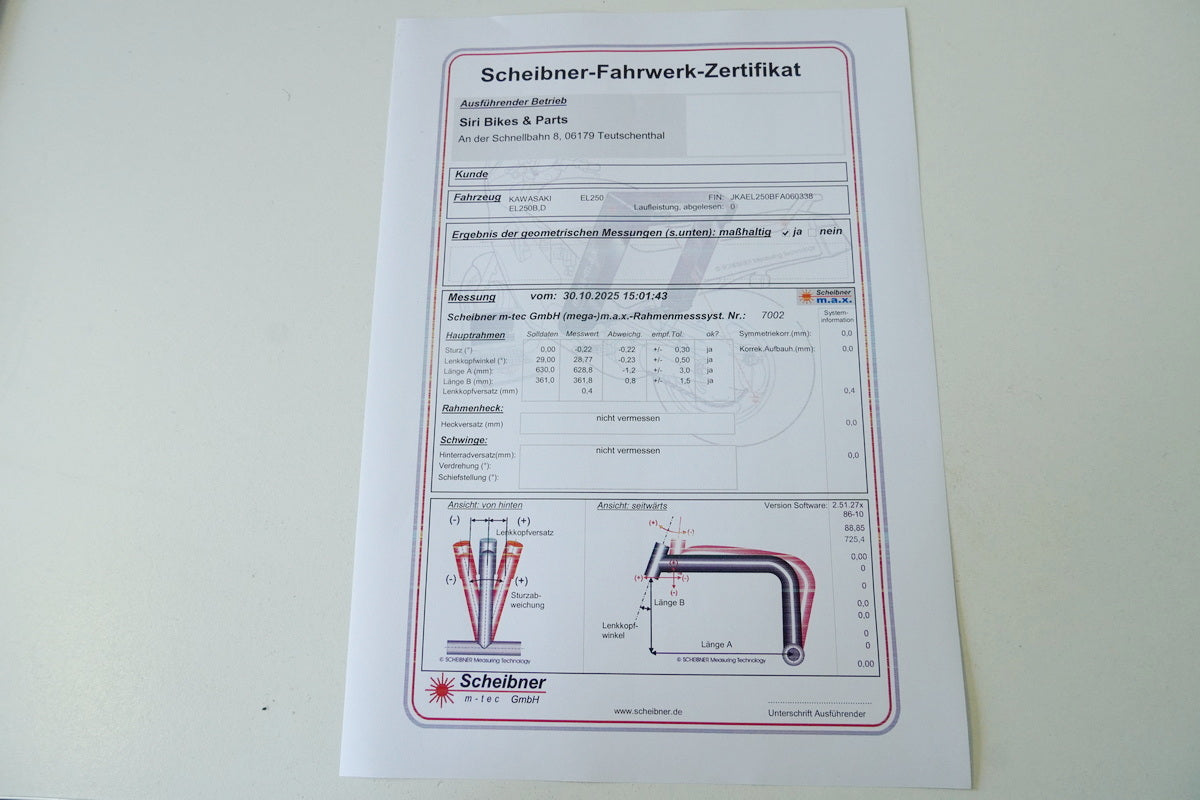 Kawasaki EL 252 EL 250B Eliminator Rahmen & Brief Dokumente Vermessungsprotokoll