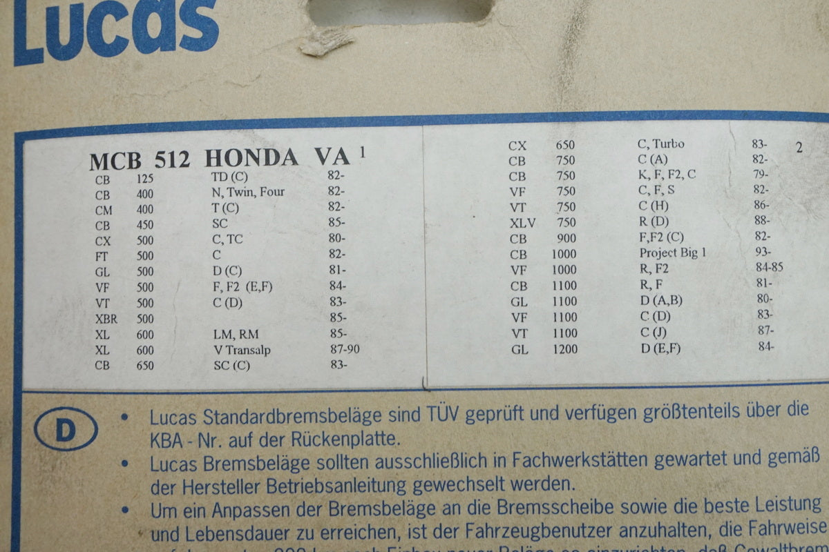 Bremsklötze Bremsbeläge original Lucas MCB512 mit ABE Honda CB CX XBR VT -  NEU