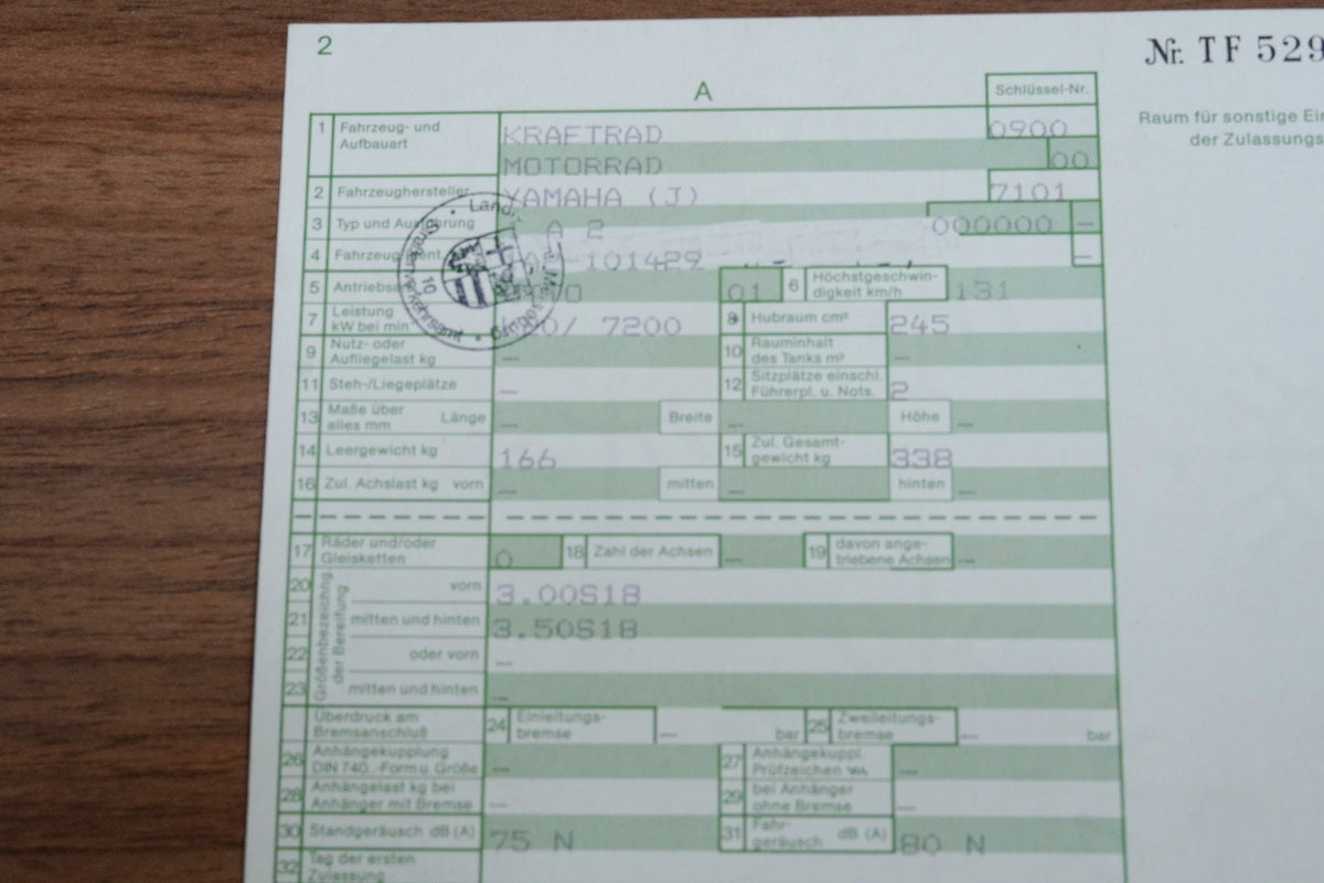 YAMAHA RD 250 1A2 Frame & Title Documents - accident-free
