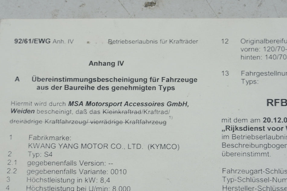 KYMCO GRAND DINK 125 S4 Chasis y papeles permiso de circulación documentos placa de características
