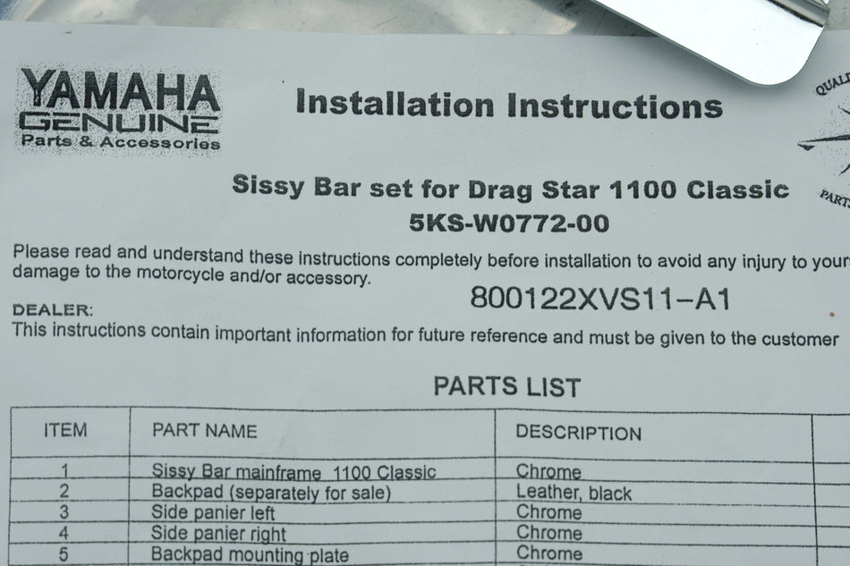 YAMAHA XVS 1100 VP05 CLASSIC DRAGSTAR - SissyBar Rückenlehne 5KS-W0772-00