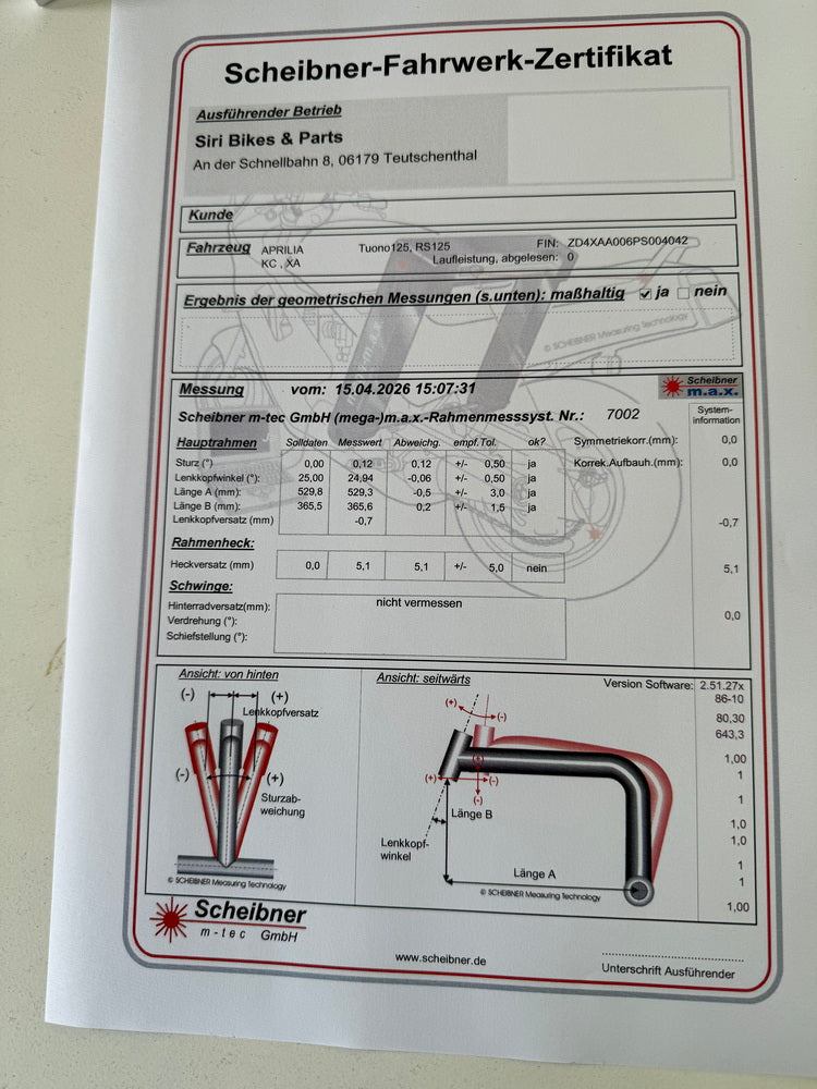 APRILIA RS 125 XA GP Replica Frame & Papers Documents Measurement Report