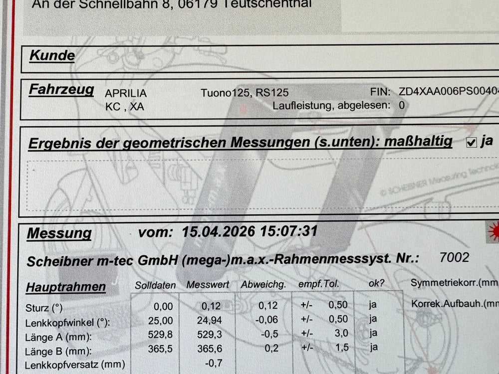 APRILIA RS 125 XA GP Replica Frame & Papers Documents Measurement Report