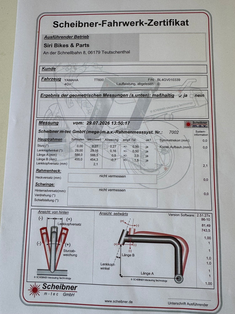 YAMAHA TT 600 E 4GV (4LW) Rahmen & Brief Vermessungsprotokoll unfallfrei