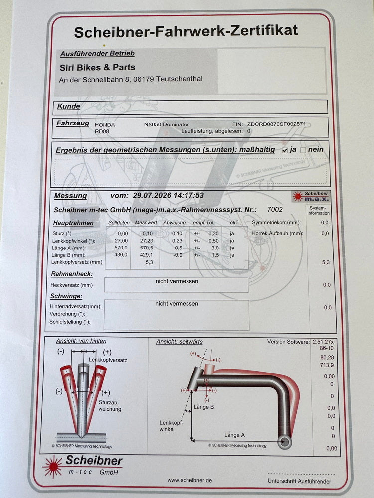 HONDA NX 650 RD08 DOMINATOR Rahmen & Brief Vermessungsprotokoll unfallfrei