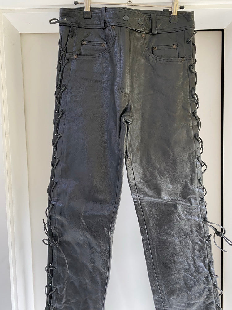 Pantalón de cuero para moto Biker, negro con cordones laterales talla 40 - NUEVO