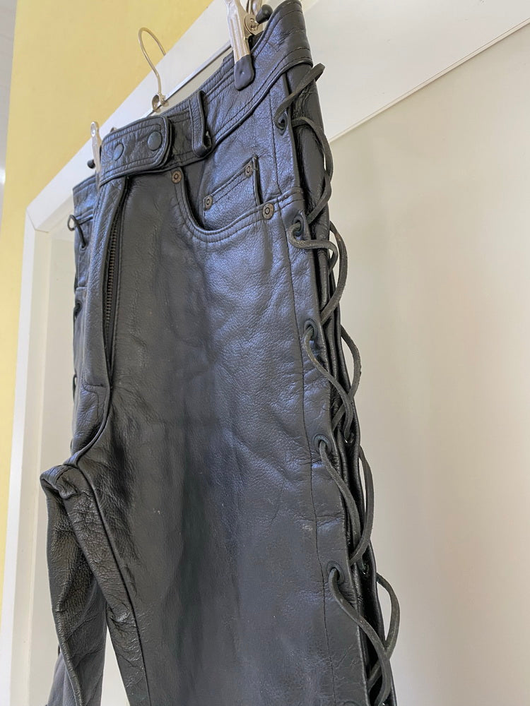 Pantalón de cuero para moto Biker, negro con cordones laterales talla 40 - NUEVO
