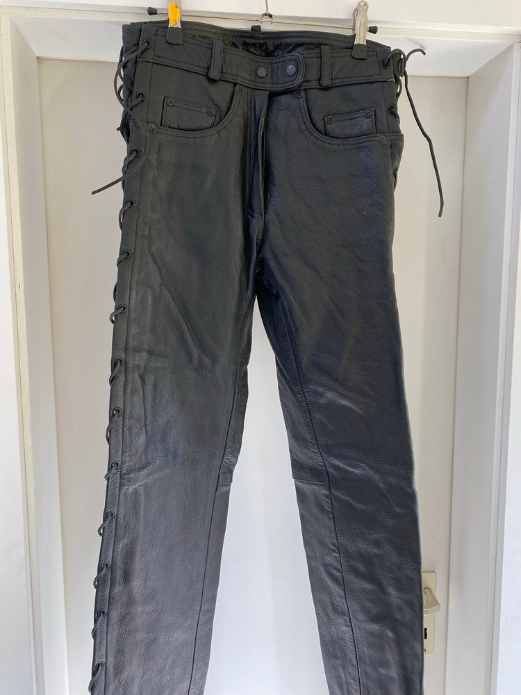 Pantalones de cuero de motorista, negros, cordones laterales, talla 38 - NUEVOS