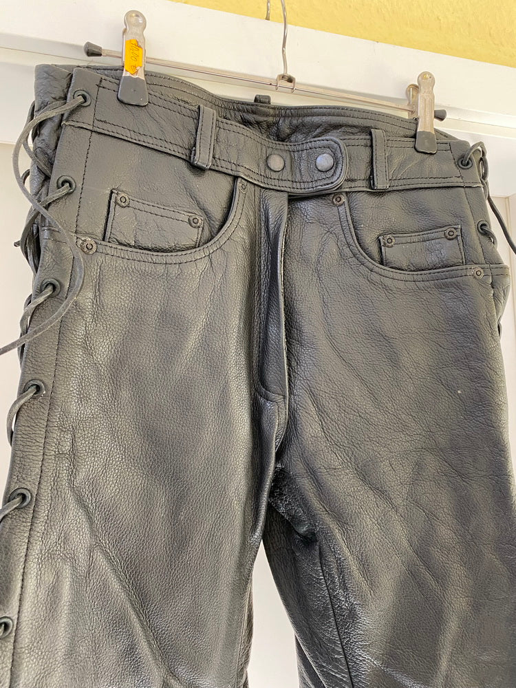 Pantalones de cuero de motorista, negros, cordones laterales, talla 38 - NUEVOS