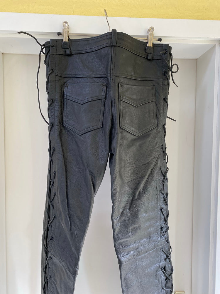 Lederhose Motorrad Bikerhose Leder schwarz seitliche Schnürung Größe 38 - NEU