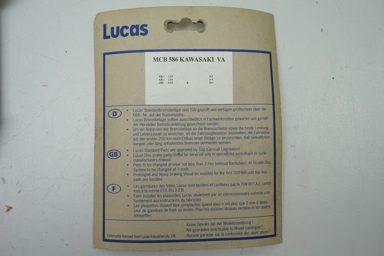 BRAKE PADS FRONT LUCAS MCB 586 KAWASAKI BRAKE LININGS