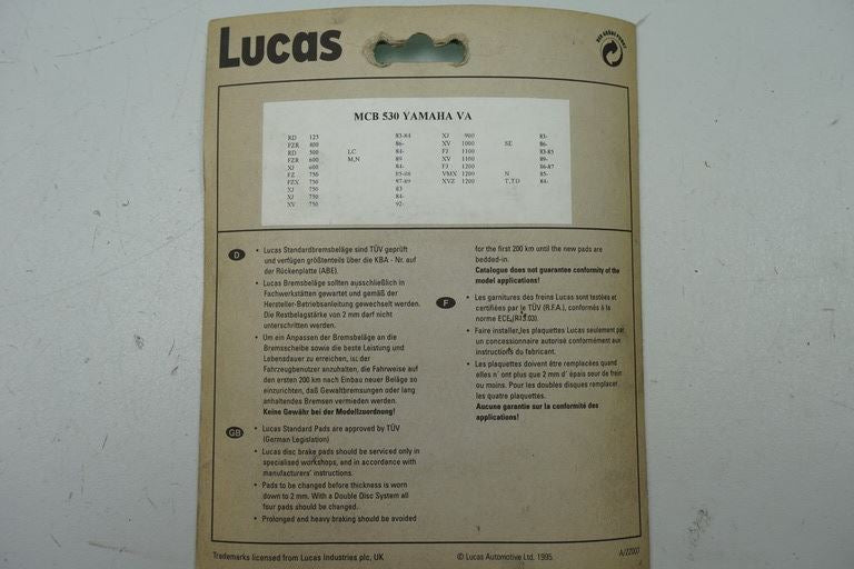 BRAKE PADS FRONT LUCAS MCB 530 YAMAHA BRAKE LININGS