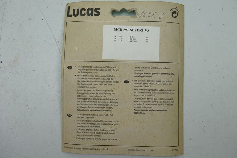 BRAKE PADS FRONT LUCAS MCB 597 SUZUKI BRAKE PADS