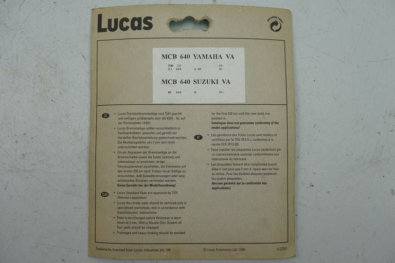 PASTILLAS DE FRENO DELANTERAS LUCAS MCB 640
