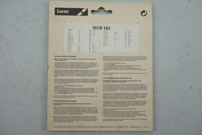 BRAKE PADS FRONT LUCAS MCB 552 BRAKE LININGS